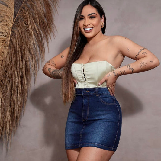 Saia jeans premium lycra mega power azul escuro