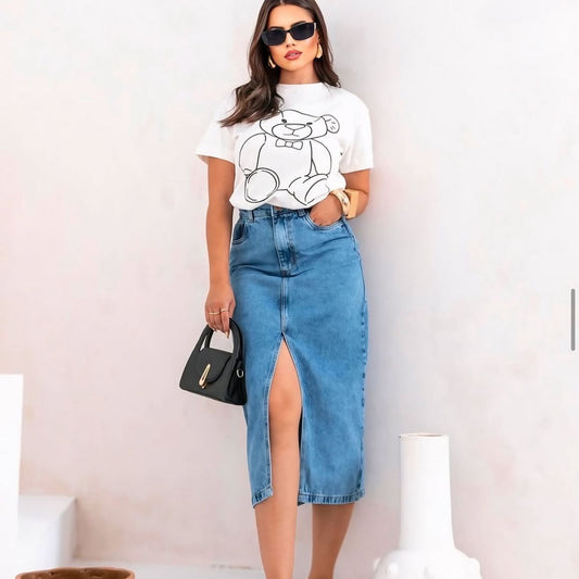 Saia Jeans Midi com fenda