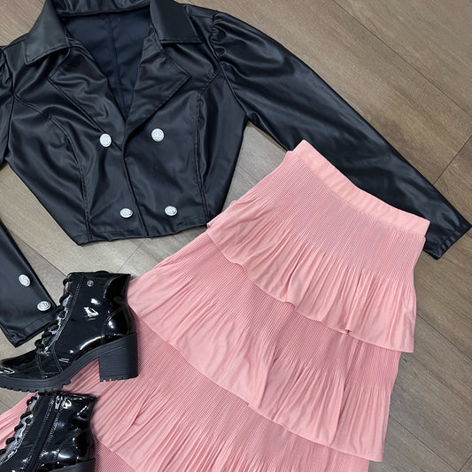 Saia mídi plissada 4 camadas cor rose