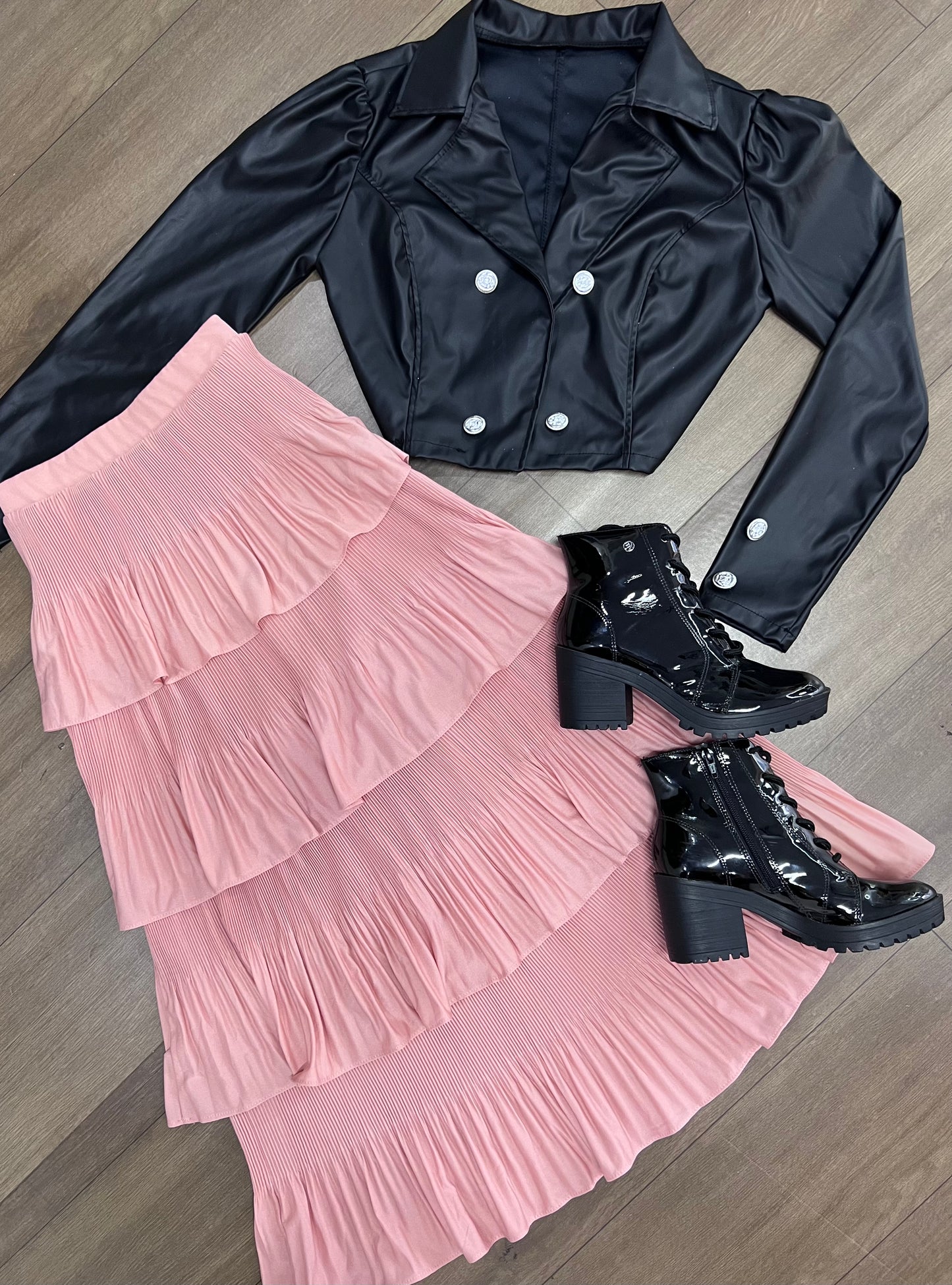 Saia mídi plissada 4 camadas cor rose