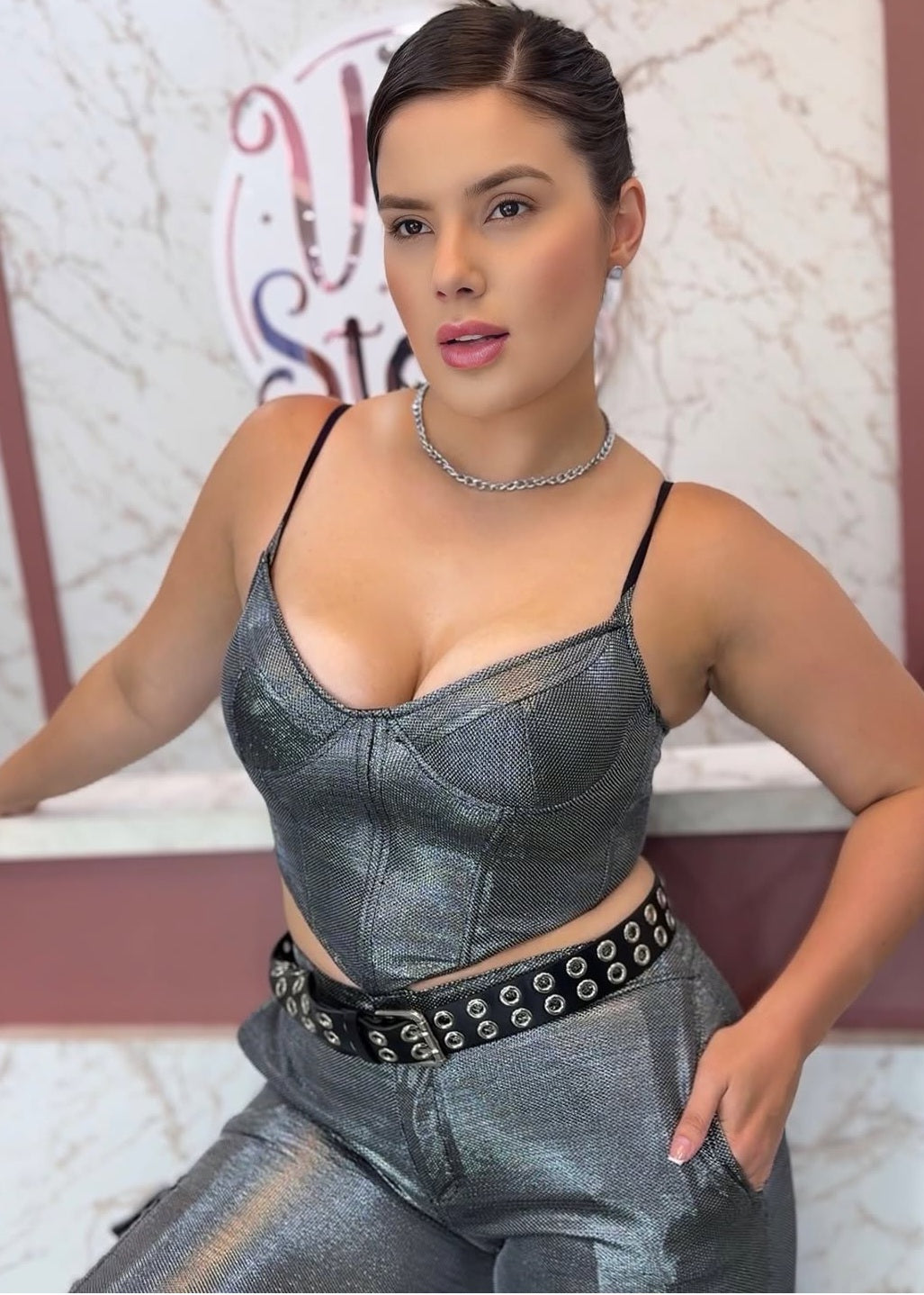 Corset cropped gloss prata
