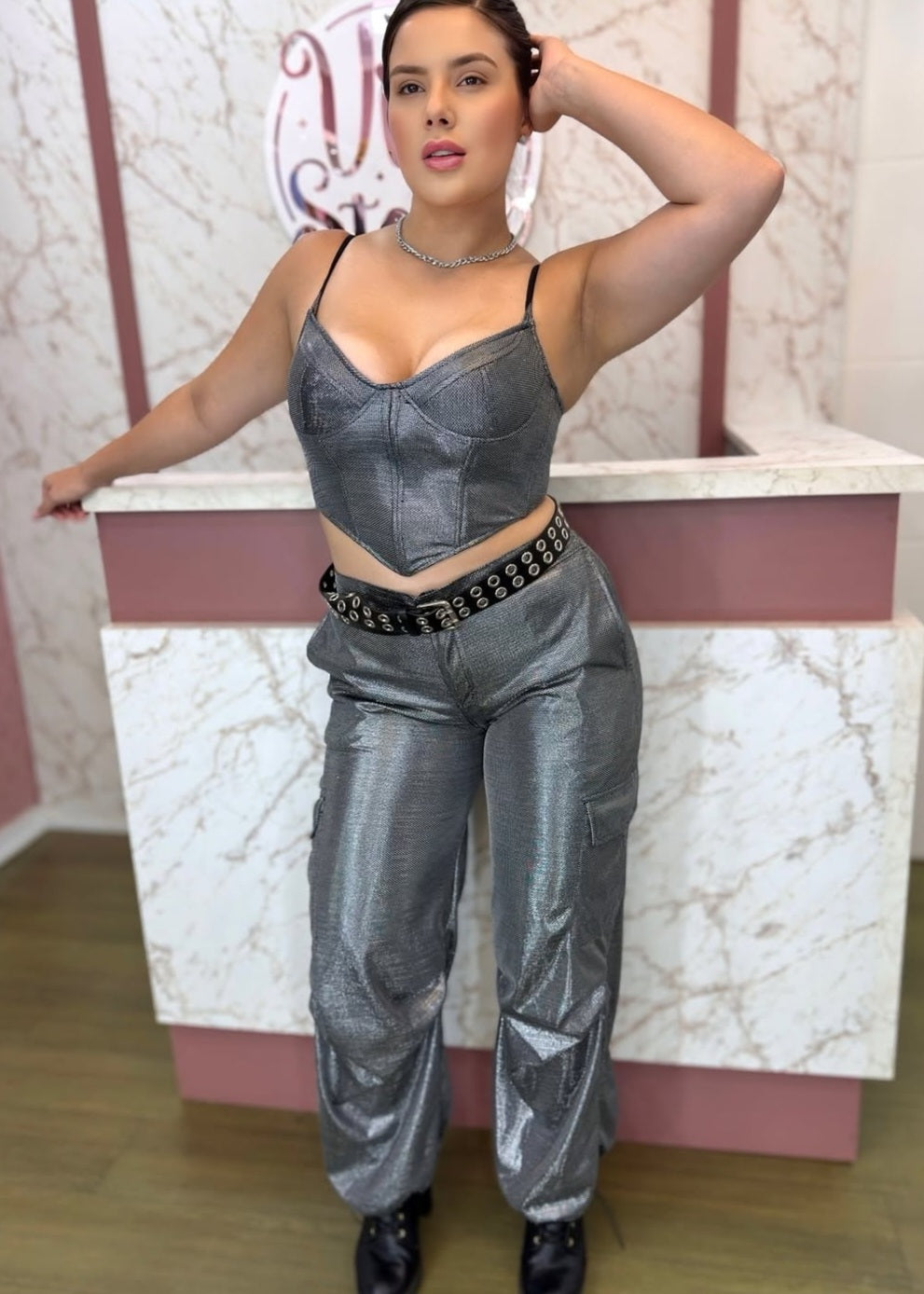 Calça gloss prata