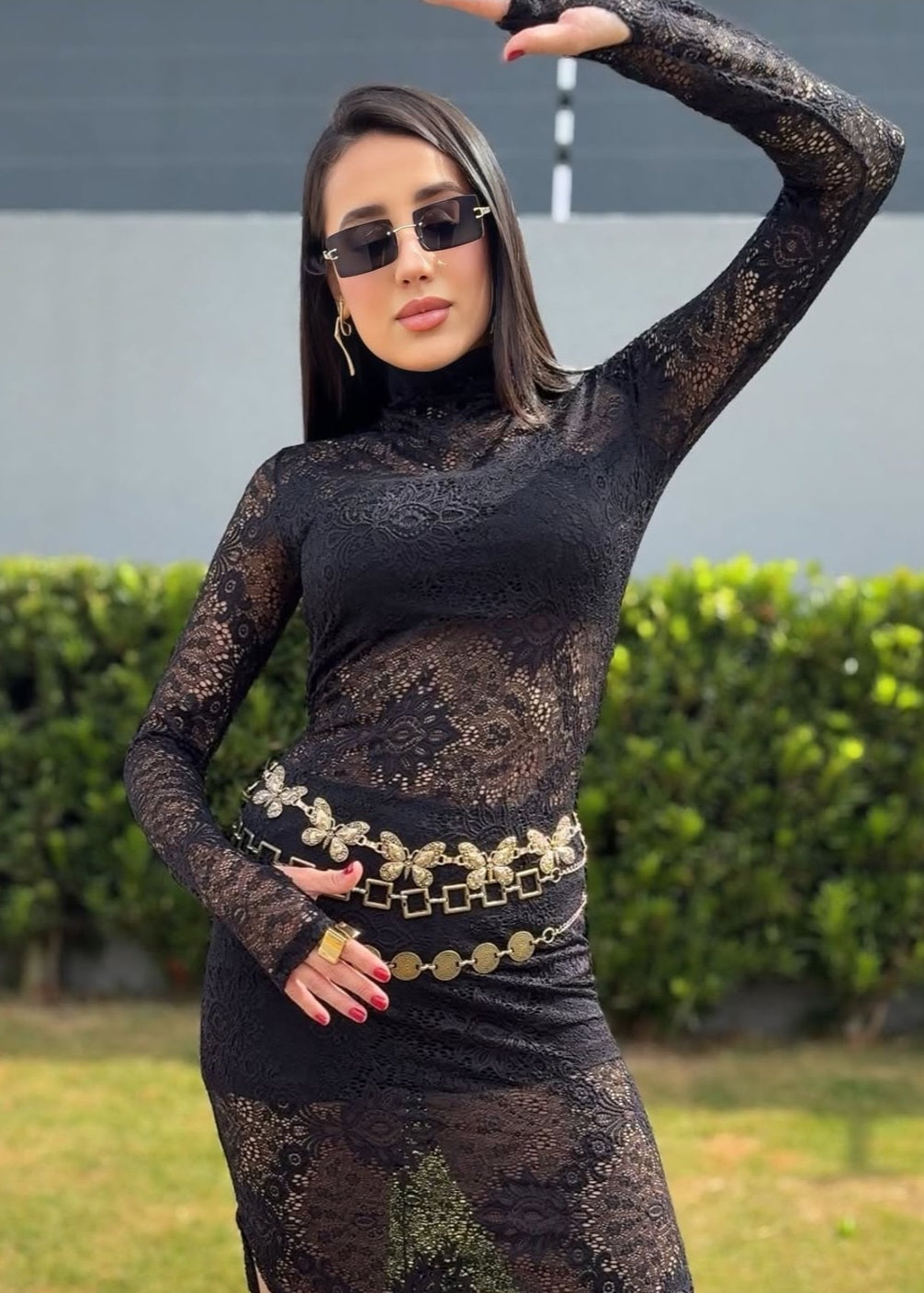 Vestido Manga Longa em Renda