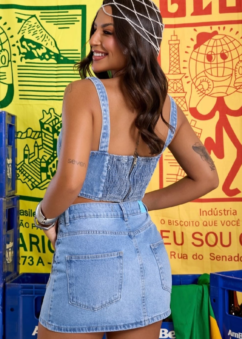 Saia jeans com strass