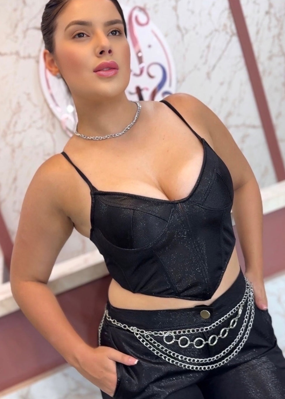 Corset cropped gloss preto