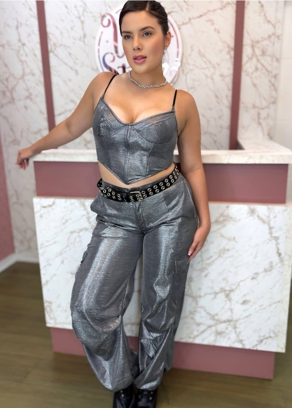 Calça gloss prata