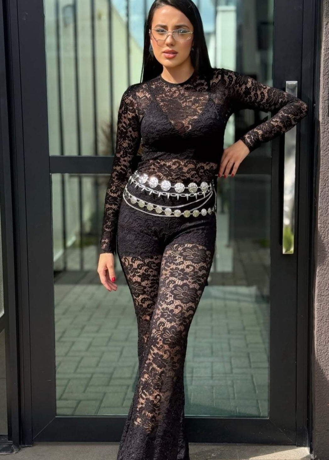 Calça renda flare com elastano