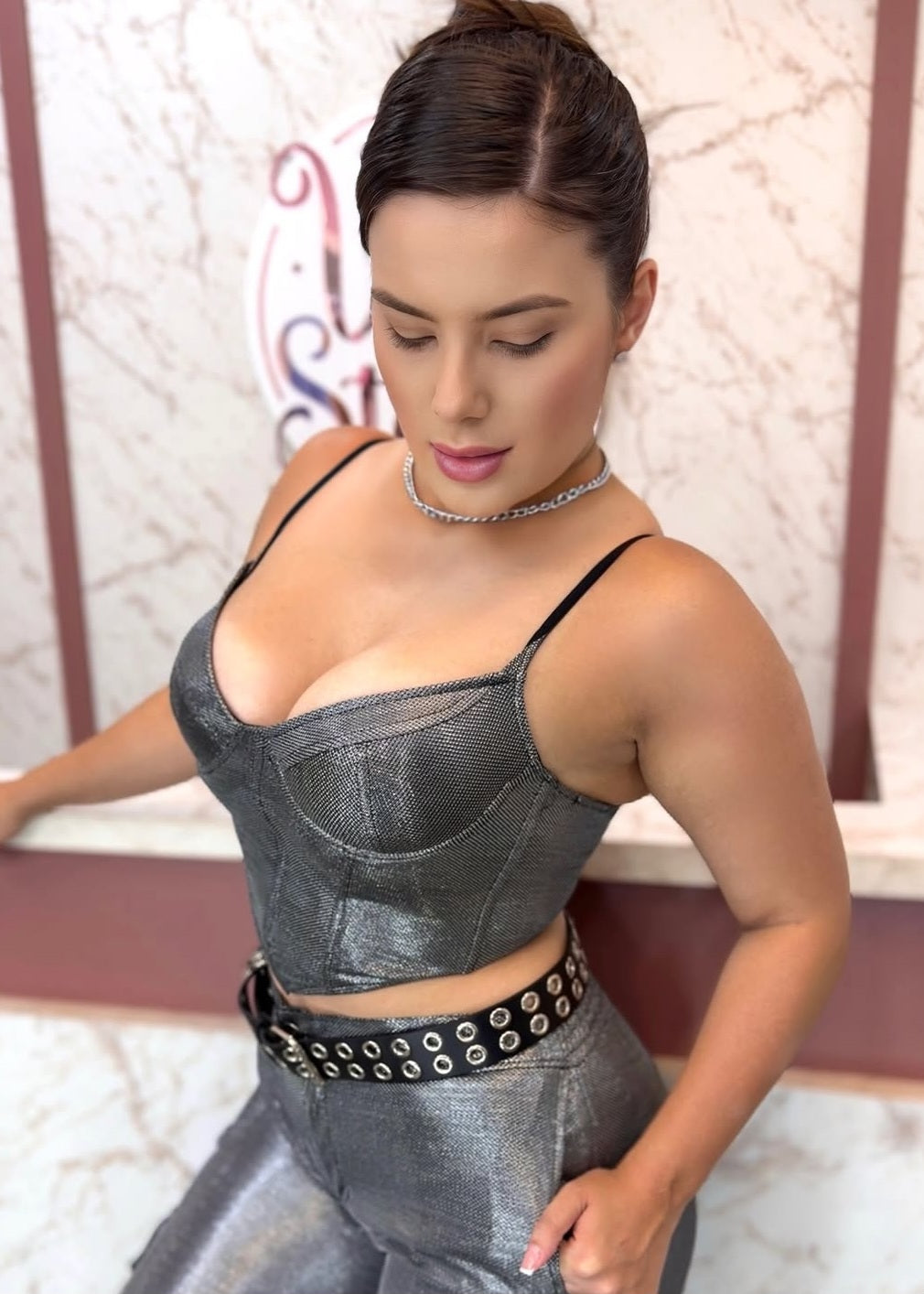 Corset cropped gloss prata