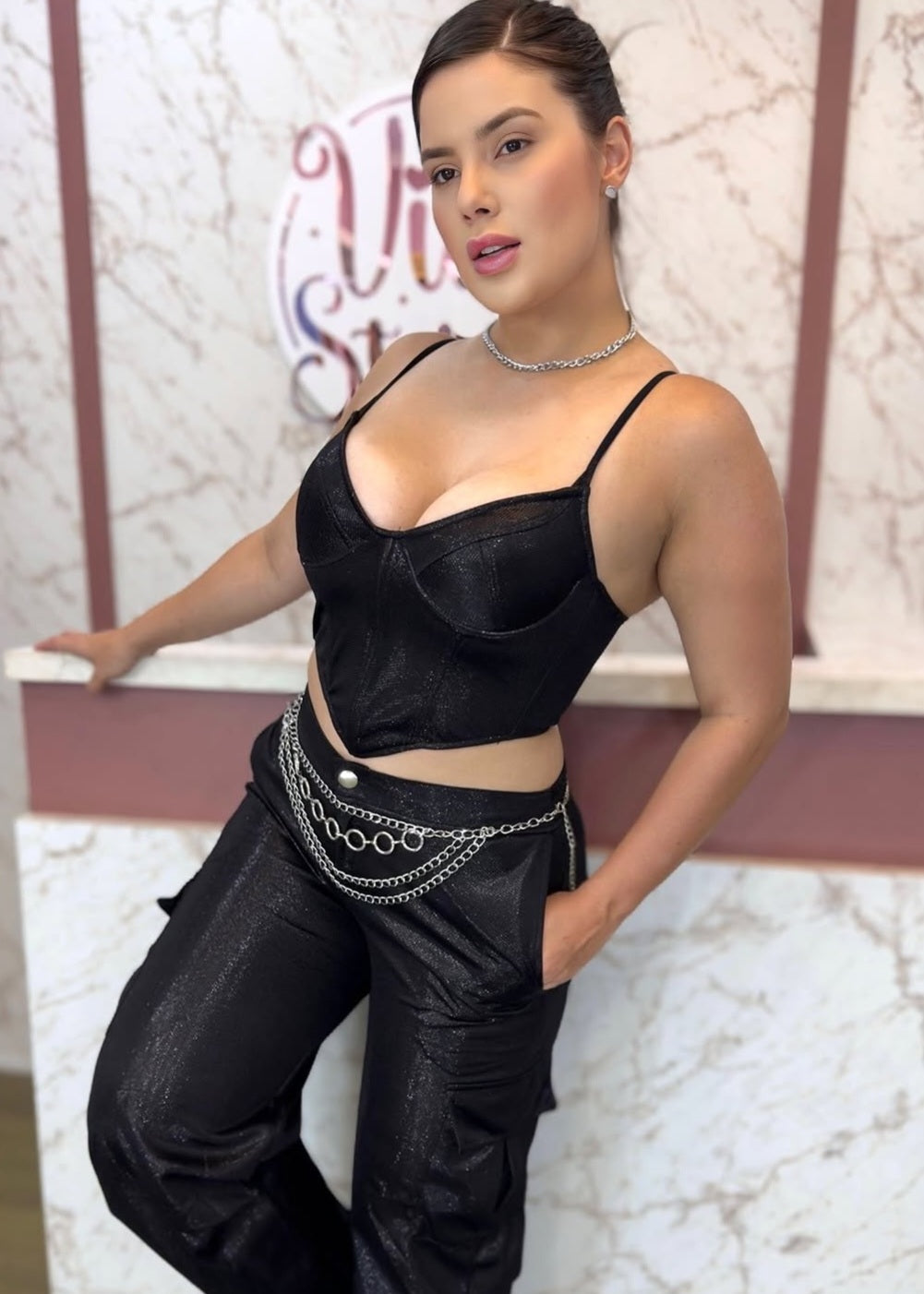Corset cropped gloss preto