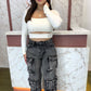 Calça jeans preta stonada 12 bolsos